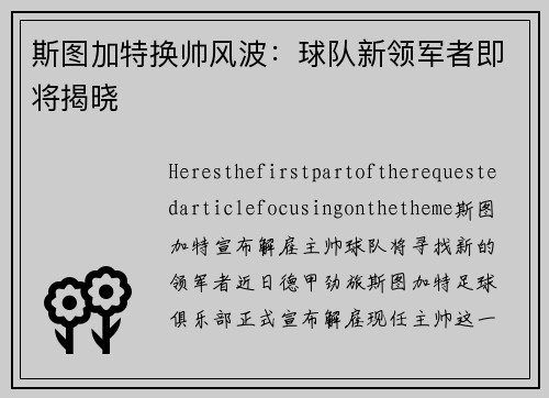 斯图加特换帅风波：球队新领军者即将揭晓