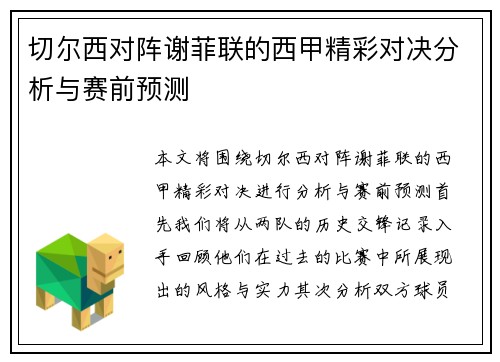 切尔西对阵谢菲联的西甲精彩对决分析与赛前预测