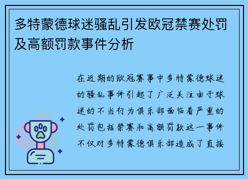 多特蒙德球迷骚乱引发欧冠禁赛处罚及高额罚款事件分析