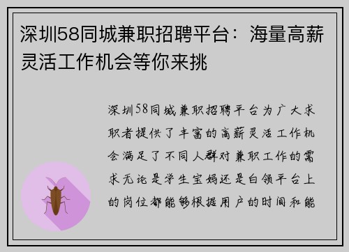 深圳58同城兼职招聘平台：海量高薪灵活工作机会等你来挑