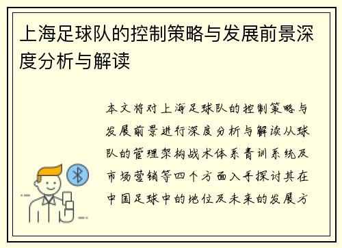 上海足球队的控制策略与发展前景深度分析与解读