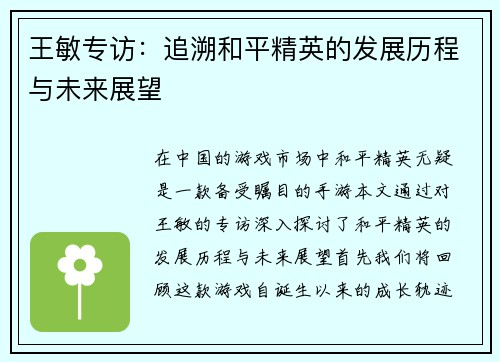王敏专访：追溯和平精英的发展历程与未来展望