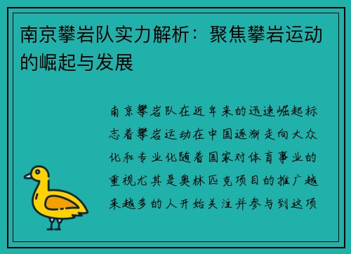 南京攀岩队实力解析：聚焦攀岩运动的崛起与发展